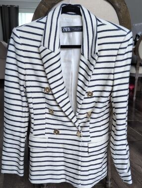 ZARA Navy and White Striped Double-Breasted Blazer